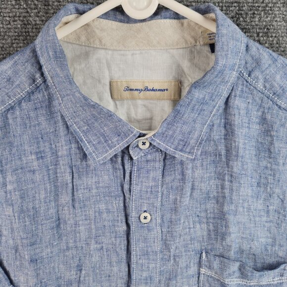 Tommy Bahama XL Blue Short Sleeve Button Up Shirt 100% Linen Pocket Adult Men - Picture 1 of 16